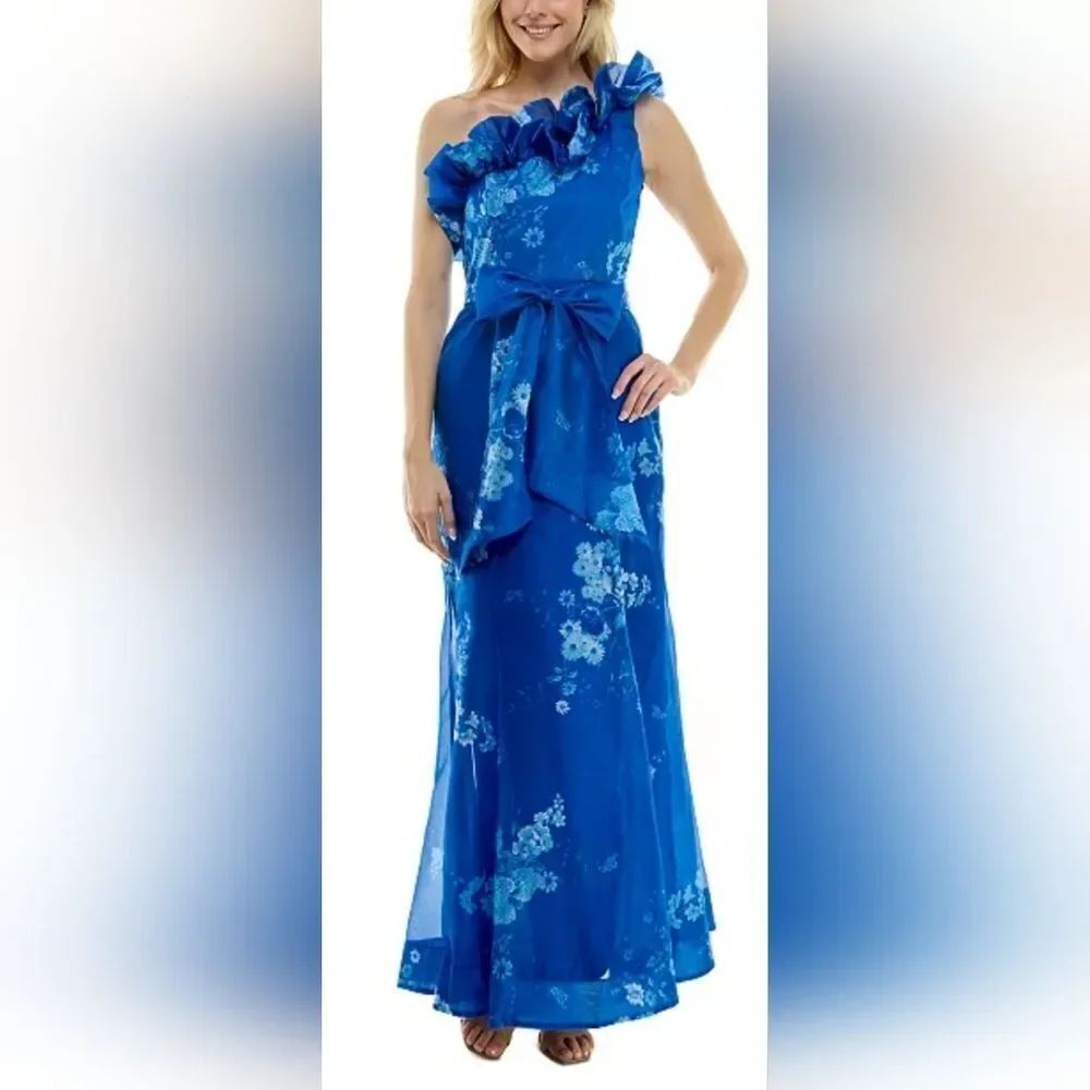 Taylor Floral Ruffled One-Shoulder Organza Gown NWT Size 14 Blue